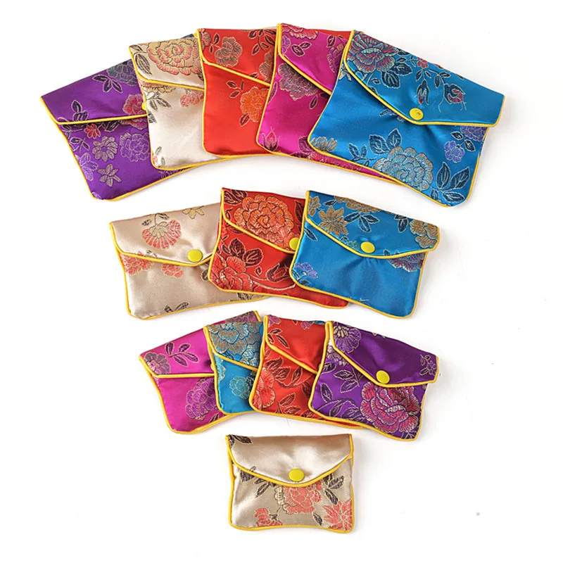 60pcs Floral Cloth Cute Coin Purse Zip Bags Small Chinese Silk Gift Bag Jewelry Pouch Women Credit Card Holder 6x8 8x10 10x12cm