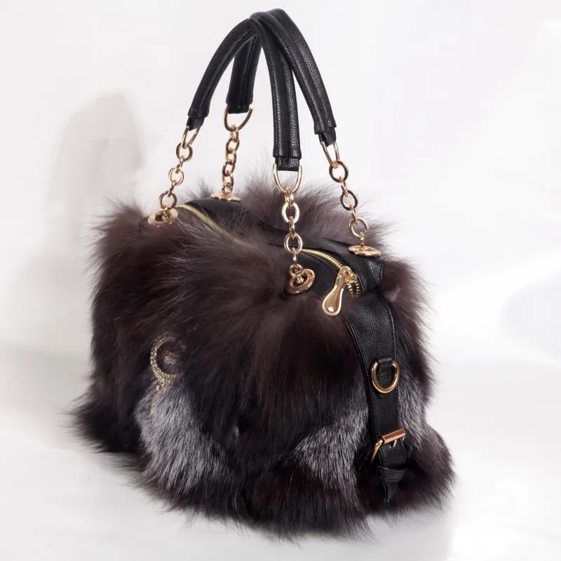 Real Fox Fur Bag Totes Handbag Brand Party Bag Women Ladies Hand Bags Luxury Designer Evening Bag Mink Fur Real Leather