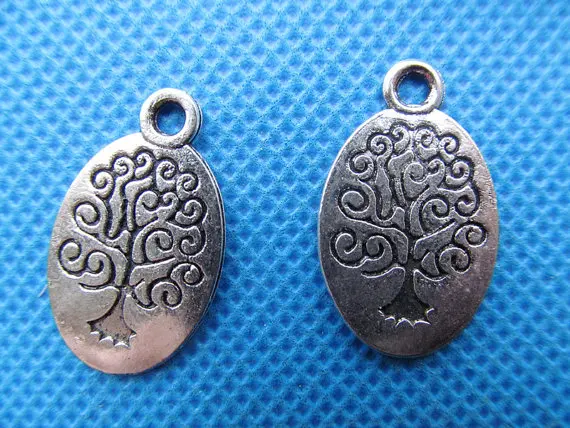 100 piezas de tono plateado antiguo/filigrana de Bronce Antiguo, amuleto de la suerte, árbol de la vida, pulsera ovalada, colgante, accesorio DIY