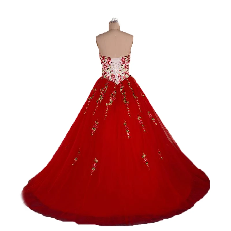 Vestido de baile rojo bordado, quinceañera, baile de graduación, largo, con cordones, 15 años, 2019