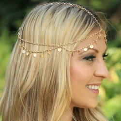 Trendy Prom Hair Jewelry Coin Forehead Headband Alloy Multilayer Tassels Head Piece Chain For Women Girls