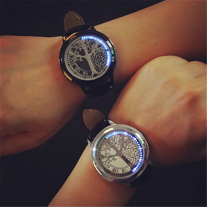 Fashion Led Watch LED Touch Screen Watch Unique Cool Watch with Tree Pattern Simple Black Dial 60 Blue Lights Watch Leather