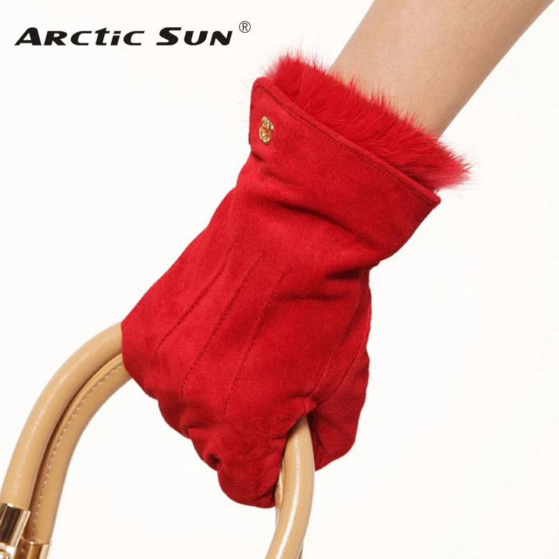 Women Leather Gloves Fashion Rabbit Hair Wrist Genuine Real Pigskin Suede Winter Warm Female Solid Driving Glove L130NN