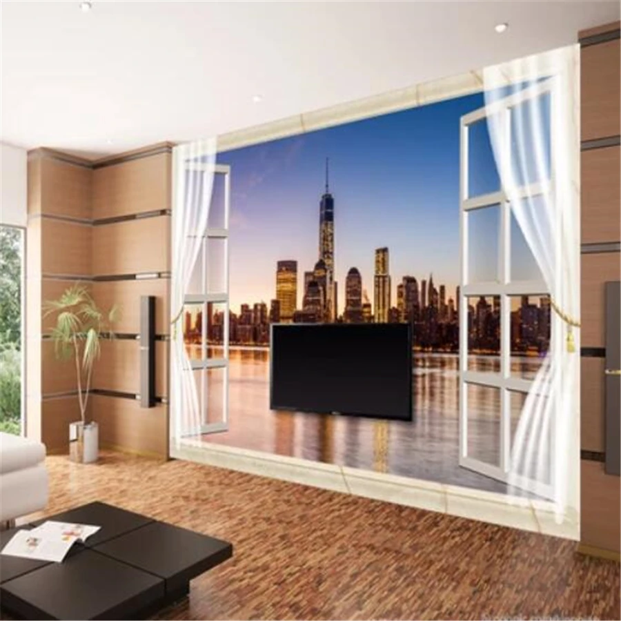 Beibehang Custom Wallpaper 3D Photo murals Window New York Night View Living Room Bedroom sofa Background Wall paper 3d mural