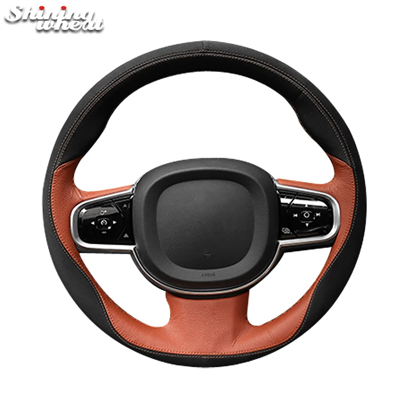 

Shining wheat Black Brown Leather Car Steering Wheel Cover for Volvo XC90 2015-2017