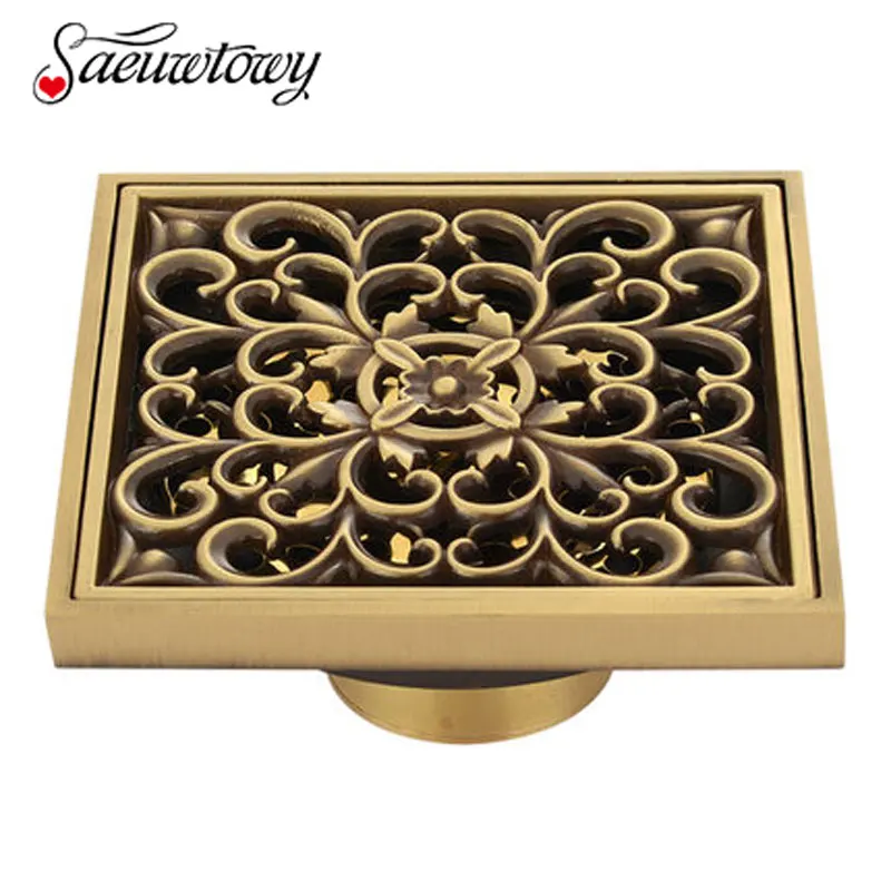 Saeuwtowy Antique Brass Bathtub Shower Drainer Floor Strain 10x10cm Brass Square visible Bathroom Floor Drain