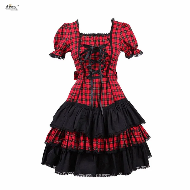 

Ainclu Womens Cotton Short Sleeves Black And Red Grid Sweet Classic Shepherd Check School Middle-Long Dress A-line Lolita Dress