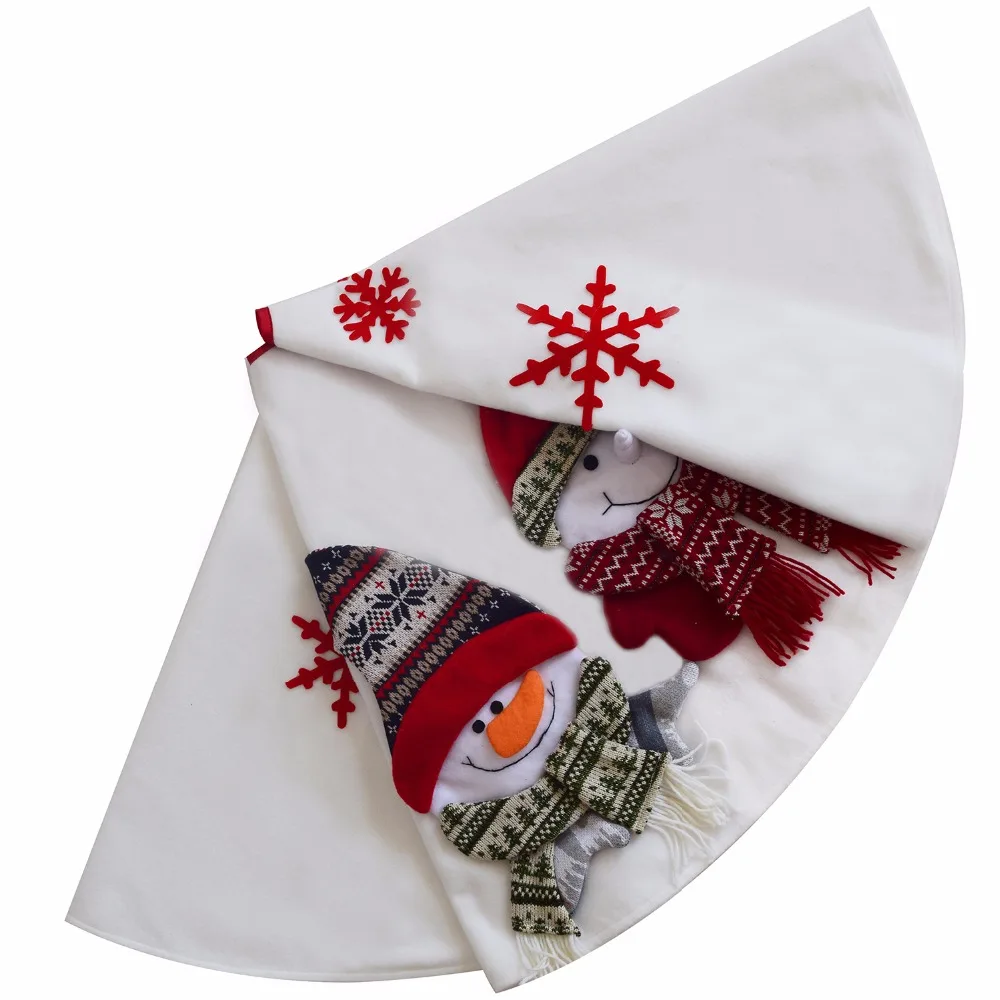 

Sorrento 50" white polar fleece Christmas Tree Skirt Embroidered Christmas White Snowman Snowflake with Snowflake Knitting decor