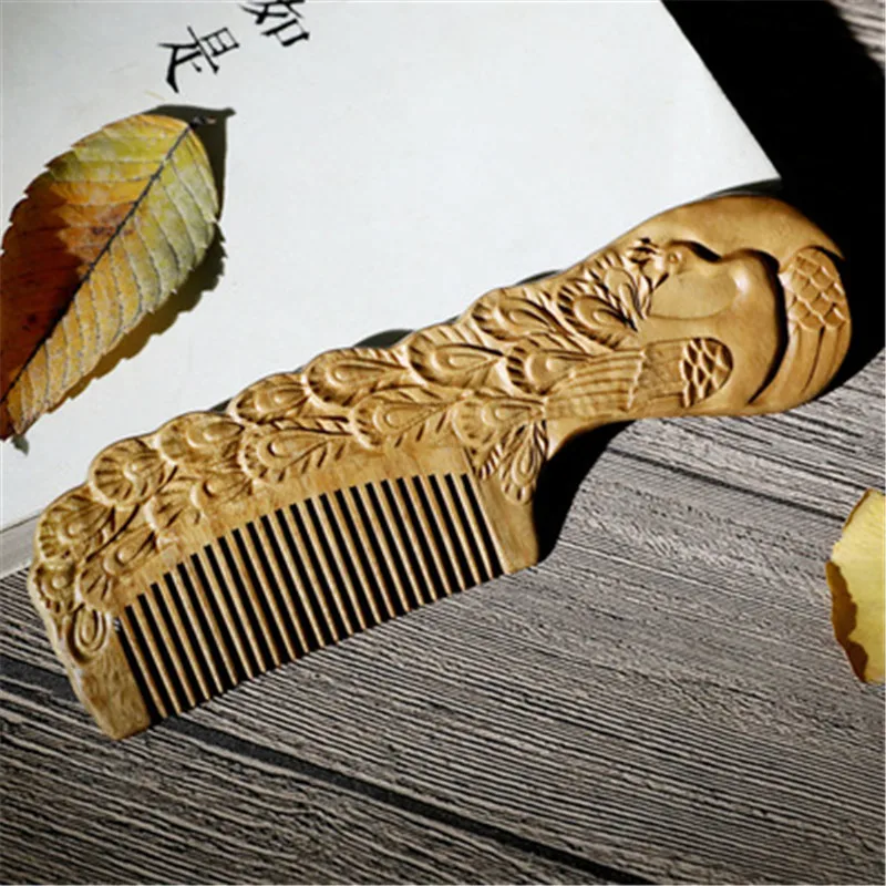 High Quality Anti-static Massage Wooden Comb Handmade Peacock Green Sandalwood Comb Hair Brush Wedding/ Birthday Gift