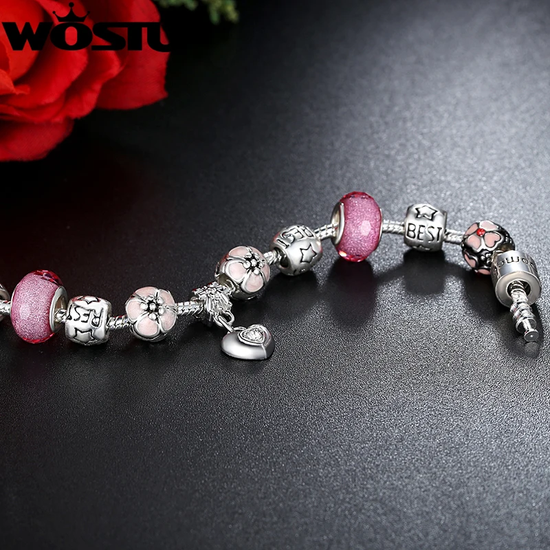 WOSTU Romantic Silver Plated Flower Heart Charm Beads Bracelet DIY Jewelry for Women Fit Original Bracelets Pulseira 1459