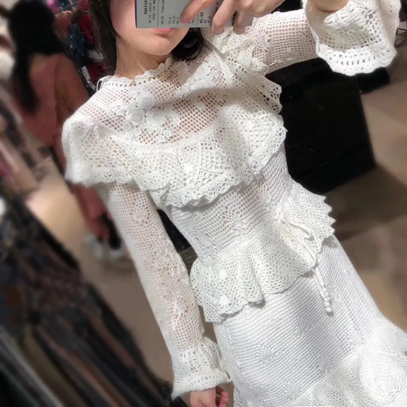 BLLOCUE High Quality New 2021 Spring Designer Runway Women\'s Lace Splicing Hollow Out Embroidery Irregular White Dress