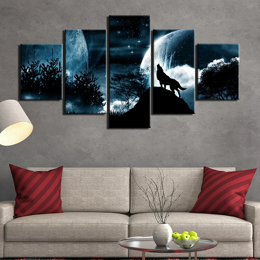 Modular printed 5 pieces Animal wolf moon canvas painting home decor wall art picture for living room posters and prints Artwork