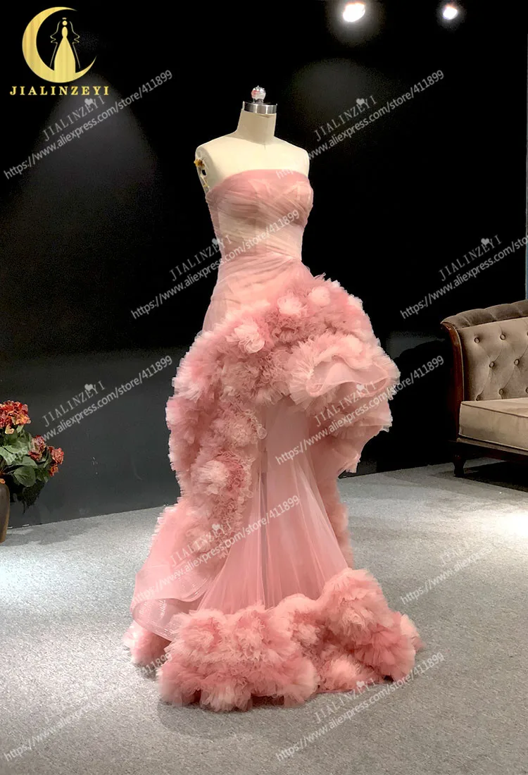 1089 JIALINZEYI Real Sample Strapless Pink Ruffle Mermaid Sexy Fashion Formal Dresses Party Evening Dresses