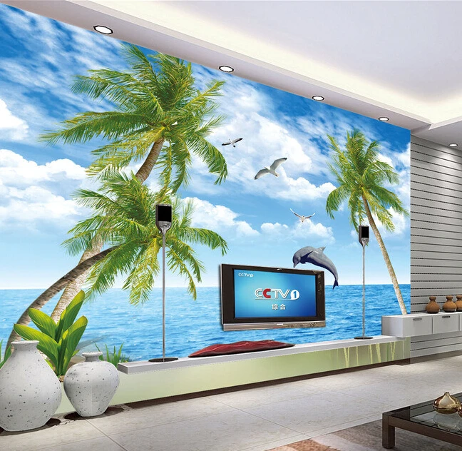 

Custom landscape wallpaper, sea coconut dolphin for the living room bedroom TV background wall waterproof papel de parede