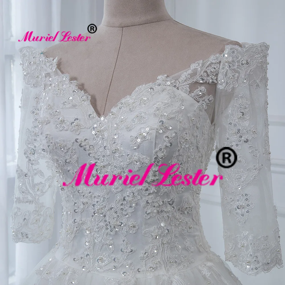 Exquisite Princess Ball Gown Wedding Dresses Custom Made Royal Train V Neck Bride Dress 3/4 Sleeves Appliques Women Clothing