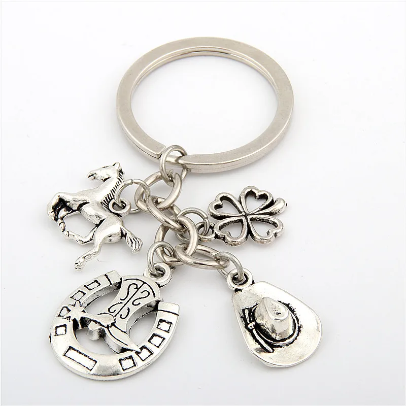 1pc Clover Charms Boot Keychain Cowboy Hat Keyring With Horseshoe Pendant Jewelry Cowboy Gift E1660