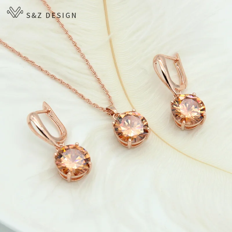 S&Z DESIGN New Classic Big Round Cubic Zirconia Dangle Earrings Jewelry Sets For Women 585 Rose Gold Color Wedding Party Gift