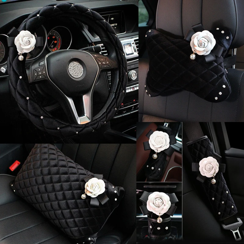 Winter Plush Flower Car Seat Interior Accessories Crystal Steering Wheel Cover Auto Headrest Neck Supports Gear Shifter Cover