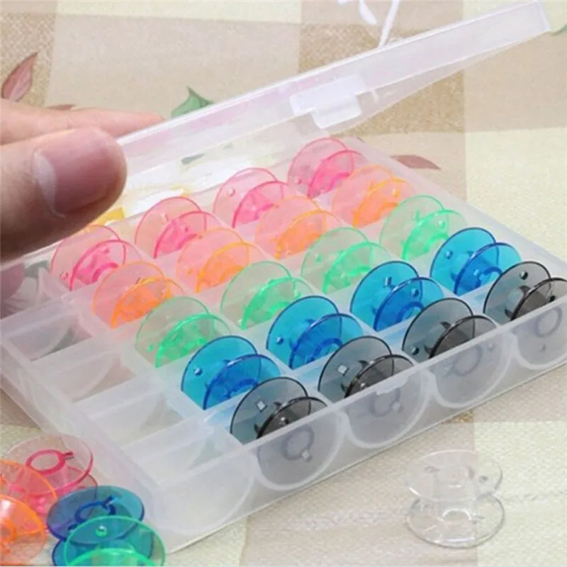 A Box of 25pc Coloured Plastic Bobbins in One Plastic Bobbin Case Box Colorful Plastic Sewing Machine Bobbins AA7242