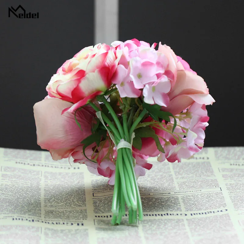 Meldel Bridal Pernikahan Bouquet Buatan Sutra Mawar Peony 7 Kepala Bunga Pink Buket Pengiring Pengantin DIY Pesta Prom Pernikahan Persediaan