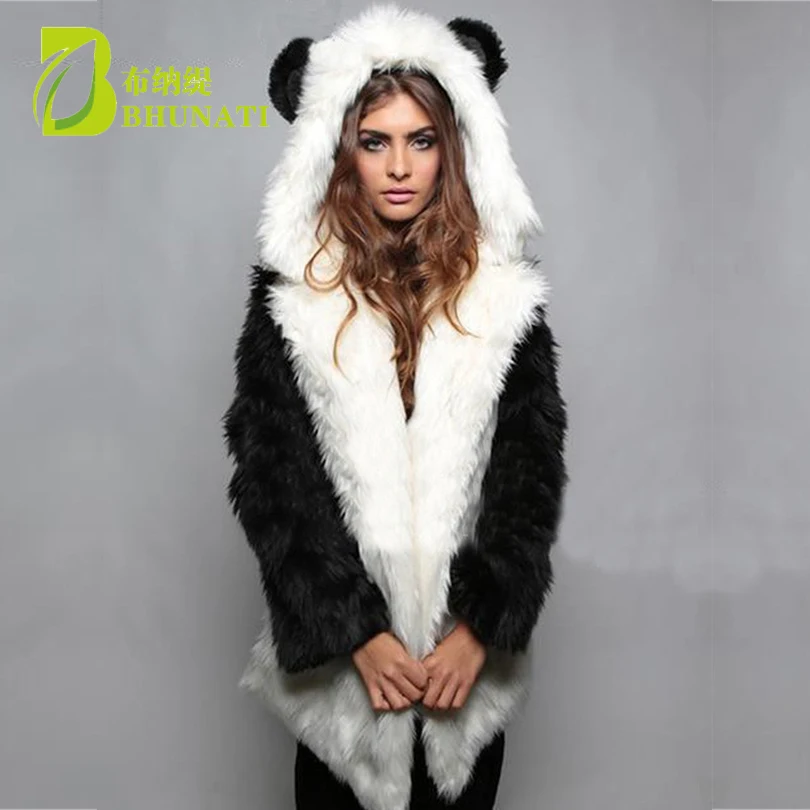 Women\'s Winter Jacket Long Thick Warm Fur Coat  Cute Animal Ear Hooded Overcoat Female Black Lady Elegant Faux Fur Coats