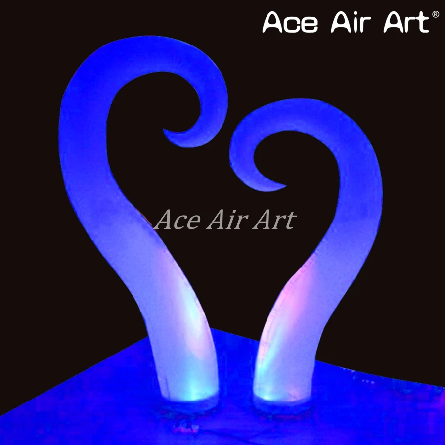 Unique Shape Spiral Cone Inflatable Hook Style Pillars Horns with Base and Blower Spotlights for Stage and Party Decoration