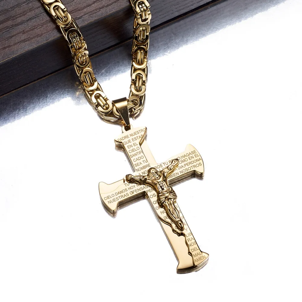 Jesus Crucifixion Pendant Cross Necklace for Men Women Three Colors Stainless Steel Byzantine Chain Christian Baptism Jewelry