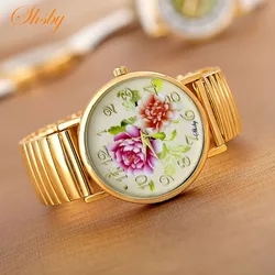 shsby new Elastic stainless watches women dress watches Gold watchband casual wristwatches Bright-coloured flower girl watches