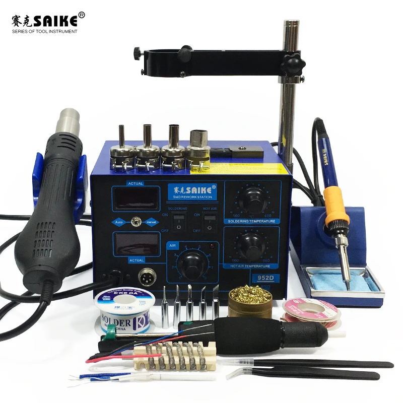 

SAIKE 952D 2 in 1 SMD Rework Soldering Station Hot Air Gun Solder Iron Desoldering 220V 110V