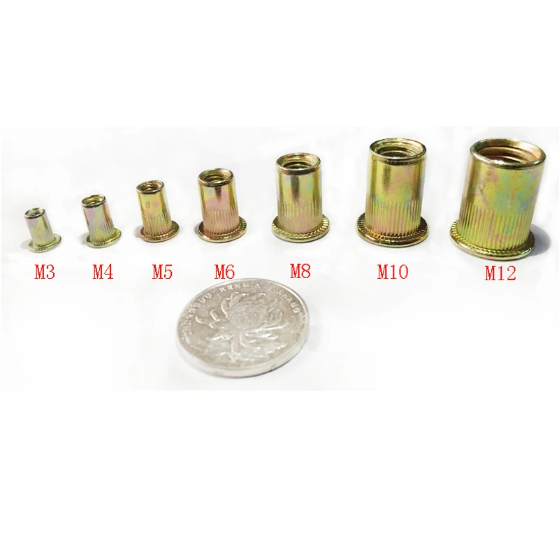 50pcs/lot Carbon steel Rivet Nuts M3 M4 M5 M6 M8 M10 M12 Flat Head Rivet Nuts Set Nuts Insert Reveting Multi Size Collocation