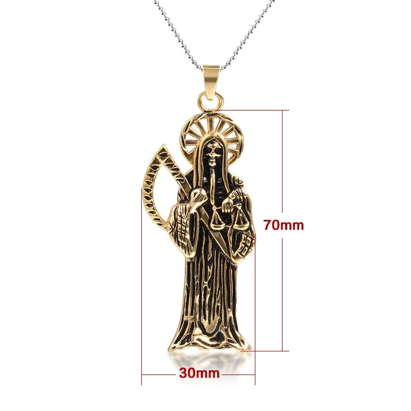 Hip Hop Vintage Holy Saint Death Santa Muerte Skull Biker Pendant Golden Necklace Stainless Steel Man Women Religious Jewelry