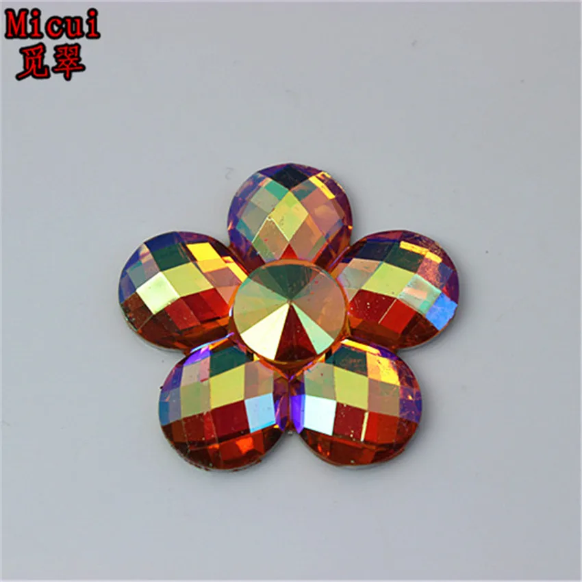 Micui 20pcs 30mm AB Color Resin Rhinestones Flat Back Flower Button For Clothes Dress Crafts Garment decoration ZZ526