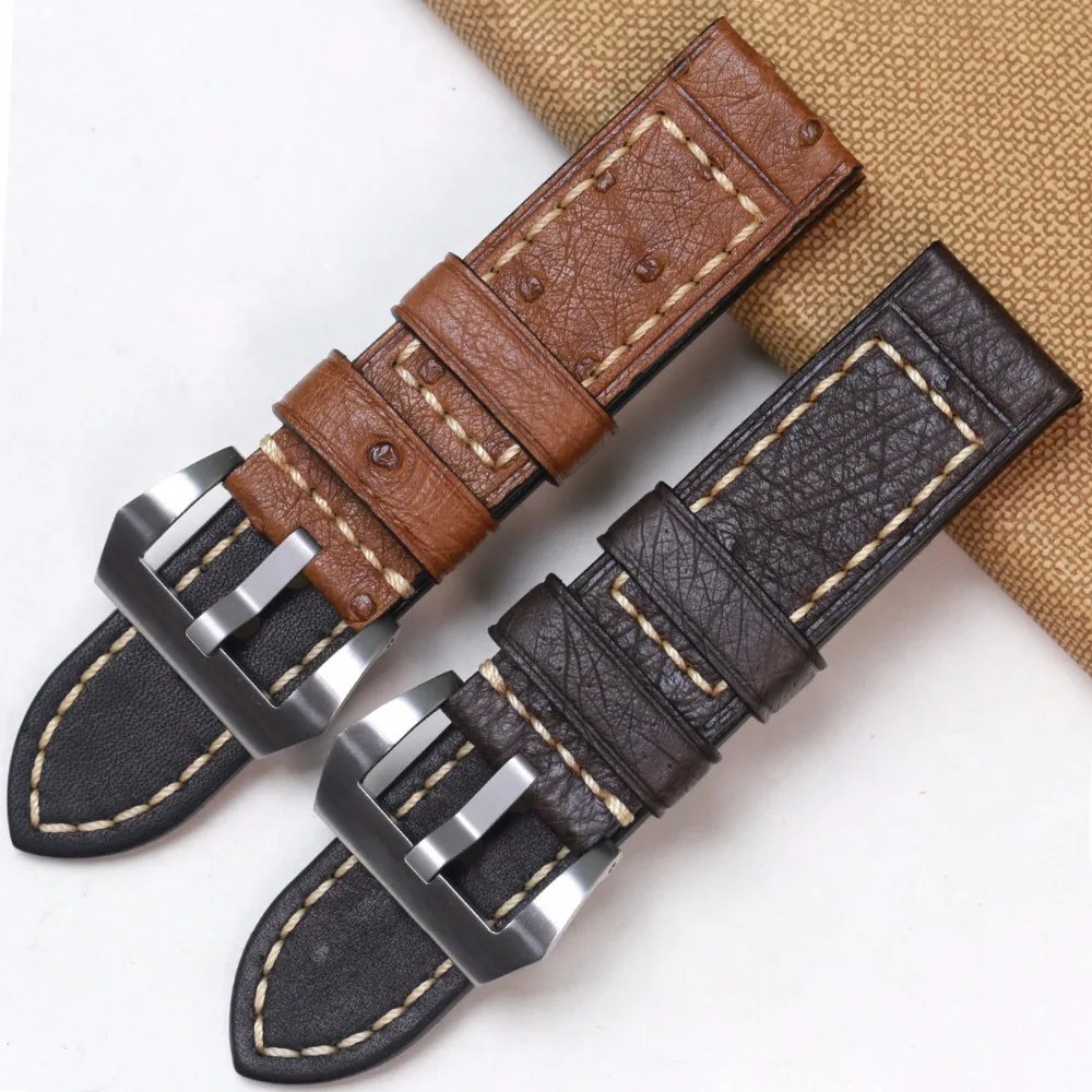 Pesno Africa Genuine Ostrich Leather Watch Band Black Brown Grey Pink Blue 24mm Watch Strap Men Watch Accessory for Panerai