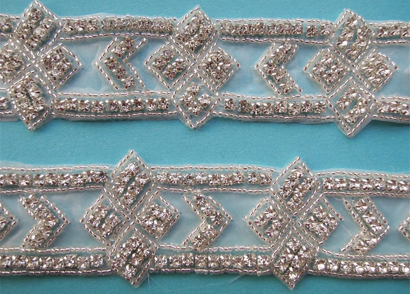 (10 YARDS) Wholesale hand beaded bridal applique silver clear rhinestone trim iron on for wedding dress sash DIY iron on WDD0257