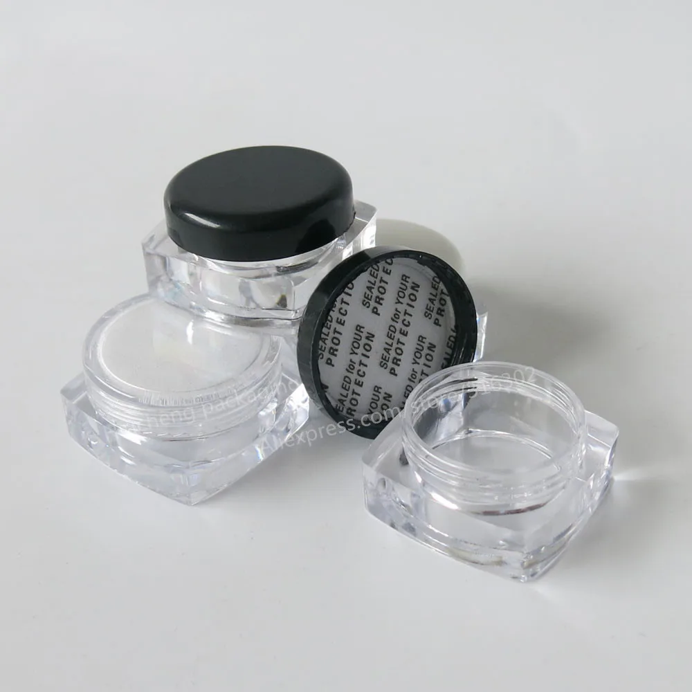 100 x 3 g transparente, quadratische, nachfüllbare PS-Cremedose, schwarzer Kosmetikbehälter, 3 ml transparente Plastikflasche, Probenglas
