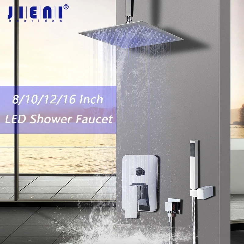 JIENI 8 10 12 16 LED Stainless Steel Shower Head Rainfall BathroomShower Set Ceiling Mounted Valve Mixer Shower Set Faucet