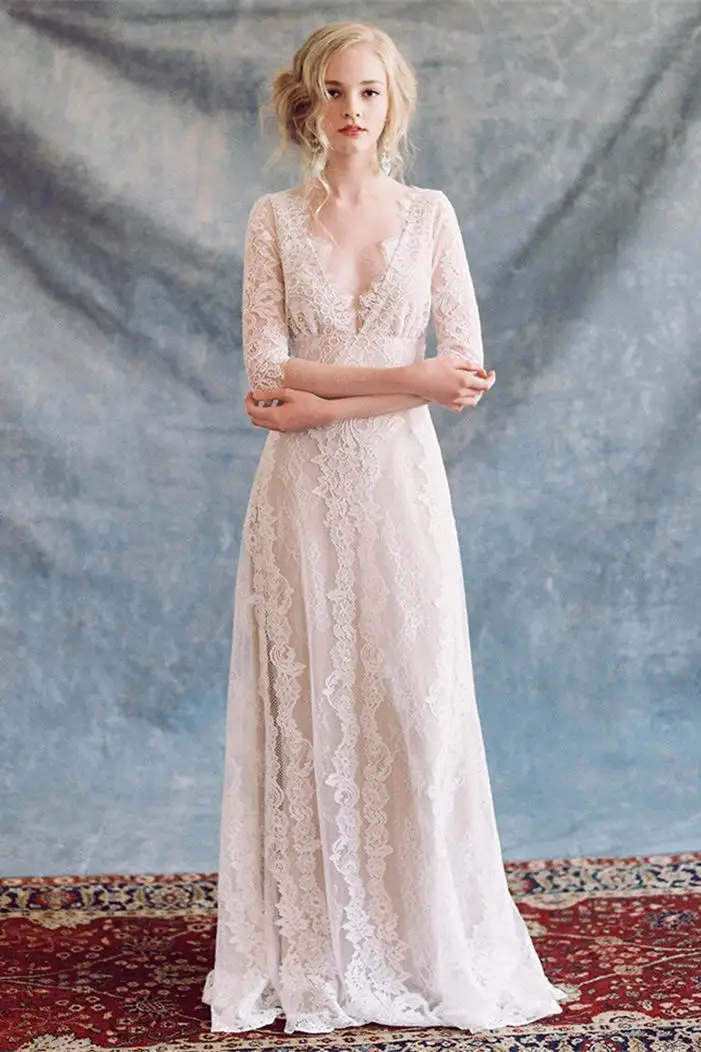 Bán 2019 Vintag Ren Boho Champagne Dòng Áo Cưới Bãi Biển Hở Lưng Áo Cưới Vestidos De Noiva Áo Dây De Mariage