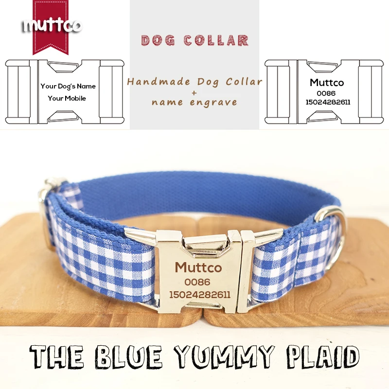 MUTTCO retailing self-design engraved personalized collar THE BLUE YUMMY PLAID adjustable dog collars leashes 5 sizes UDC046