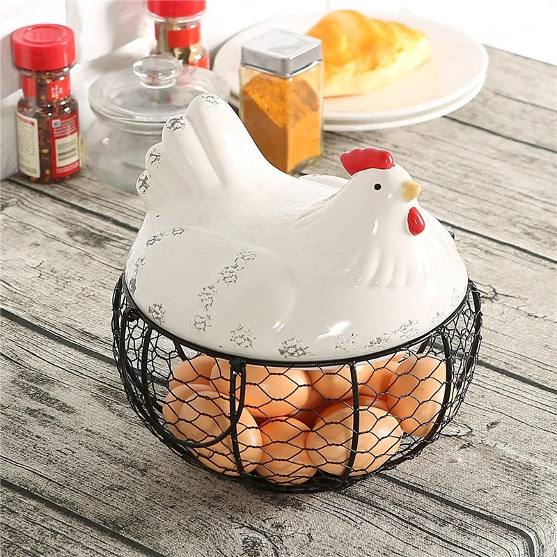 

Black Metal Mesh Wire Egg Storage Basket with White Ceramic Farm Chicken Top and Handles