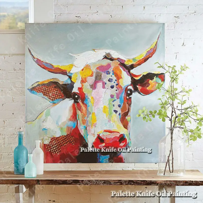 

Canvas Oil Painting Caudros Decoracion Acrylic Cow Painting Wall Art Picture For Living Room Home Decor Plattle Knife Animal Art