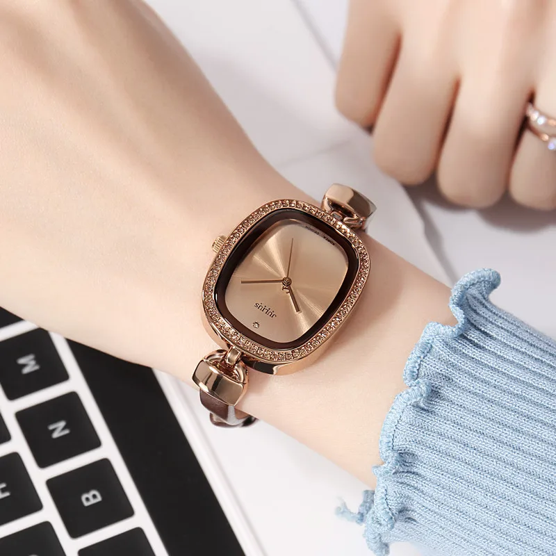 Korean style Woman Zircon Square Dial Watch Fashion Alloy Watch leather watchband lady wrist squarz Watch