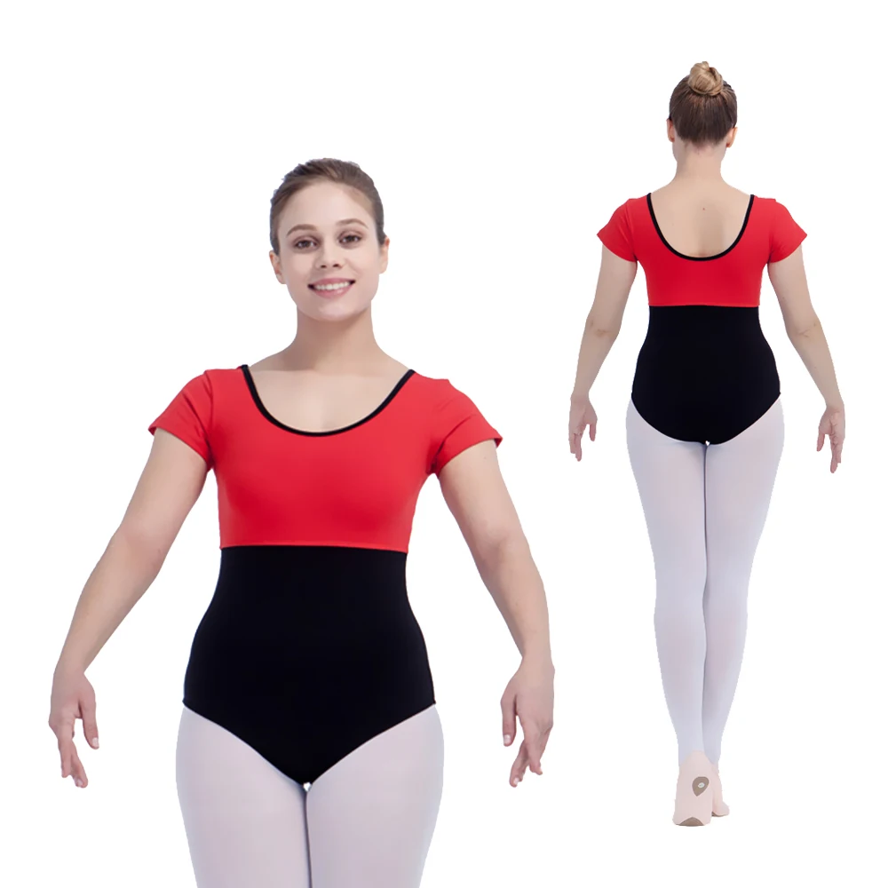 Retail Wholesale Red with Black Cotton/Lycra Short Sleeve Two-tone Tank Dance Leotard for Ladies and Girls