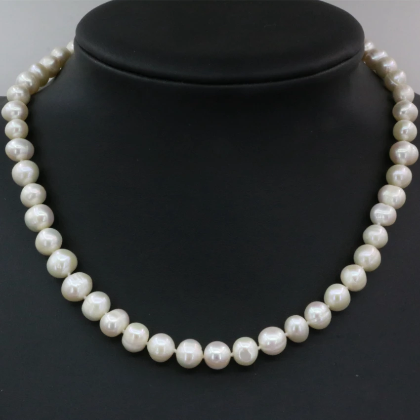 Charms chain necklace women mother gifts white natural 8-9mm freshwater cultured pearl beads choker collar jewelry 18inch B3235