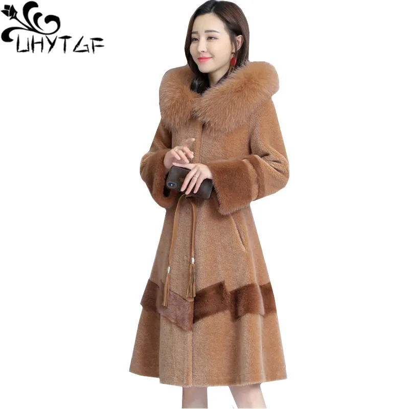 UHYTGF Luxury Fox Fur Collar Hooded Winter Fur Coat Women Sheep Shearing Long Outerwear Mink Warm Fur Jacket 4XL Loose Size 1027