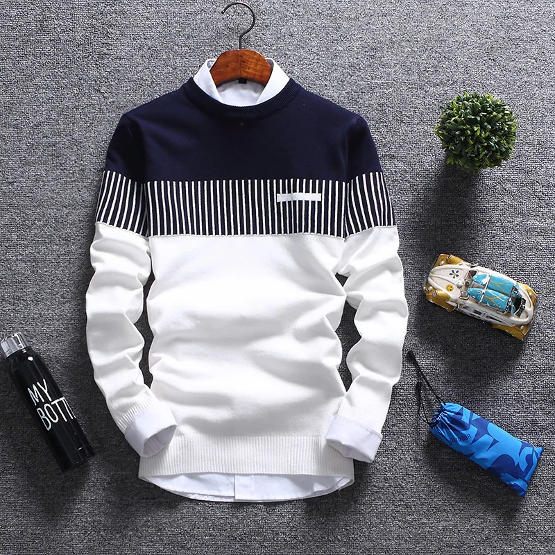 Sweater Men  New Brand Fashion Pullover Sweater Male Round Neck Patchwork Slim Fit Knitting Mens Sweaters Pullover Men Xxl