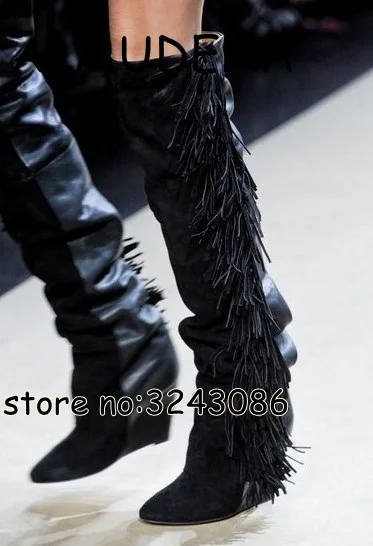 High Top Suede Black White Fringed Woman Knee High Boots Pointed Toe Hidden Wedge Lady Fashion Long Boots Height Increasing