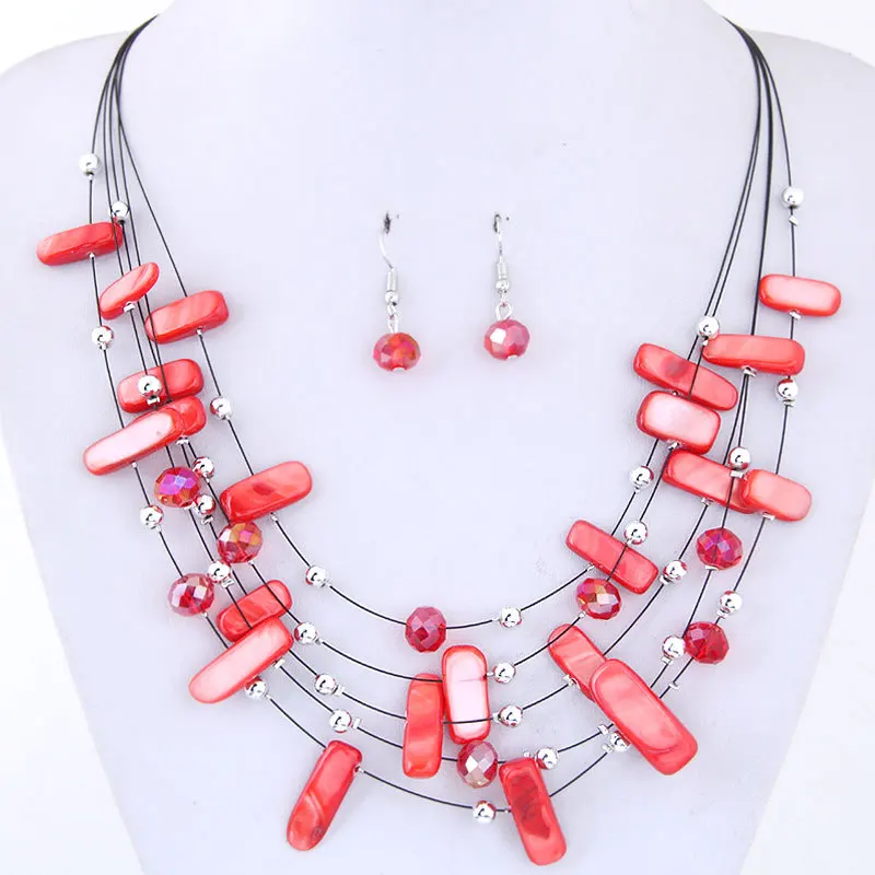 KMVEXO Women Bohemian African Beads Jewelry Set 2018 Multilayers Necklace Earrings Crystal Shell Jewelry Sets Charm Wedding Sets