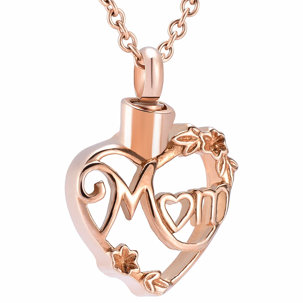 

Mom Carved Cremation urn Pendant Ashes Holder Keepsake Stainless steel Hollow Heart gift