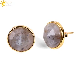 CSJA Femme Gold Color Round Stud Earrings Natural Gem Stone Green Black Red Earring Lapis Lazuli Pink Crystal Beads Jewelry E597