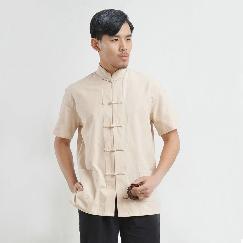 Baju Tiongkok Tradisional 100% Katun Lengan Pendek Atasan Setelan Tang Seragam Kung Fu Tai Chi Blus Kemeja Baru Musim Panas untuk Pria